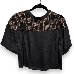 NEW Caballero Gabriella Cropped Top Metallic Scallop Black Short Sleeve XS